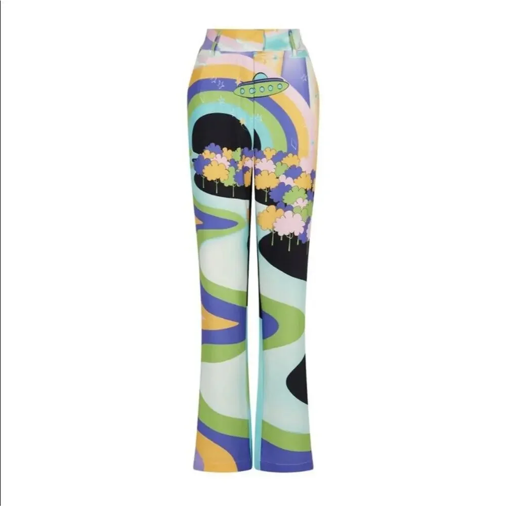 House of Sunny Nice to Meet You Pant Multicolor UFO Print Trousers Size US 2 NWT - Picture 2 of 16